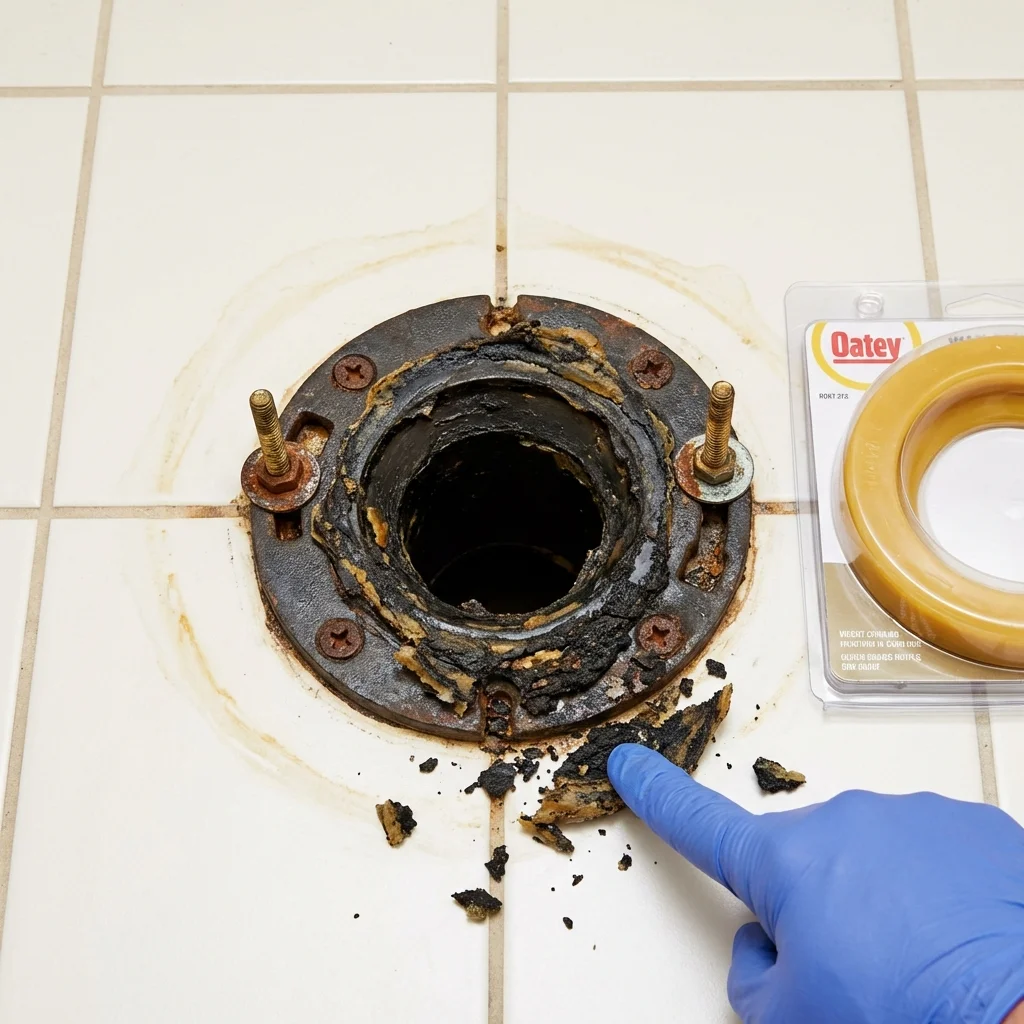 Failed wax ring showing water seepage at the base of a toilet in a Albany, NY home