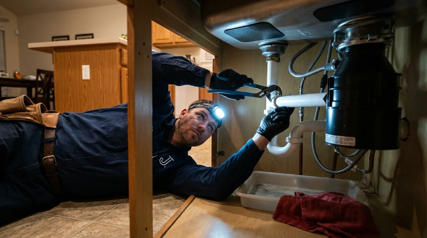 P-trap and supply line connections under a kitchen sink showing a common leak point in Albany, NY